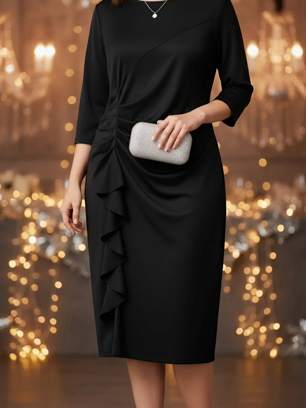 Classic Black Ruched Ruffle Midi Dress
